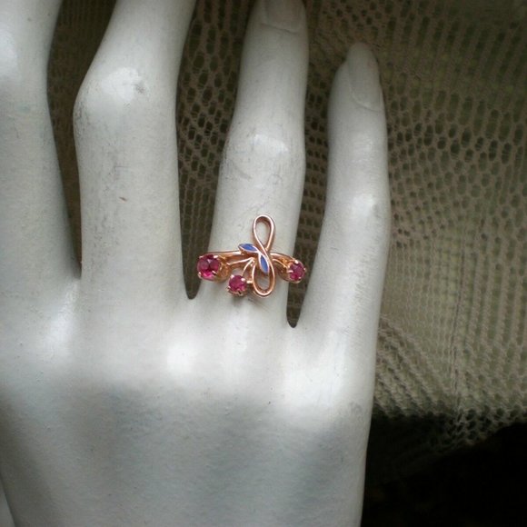 Vintage Russian Russia 14K 583 Rose Pink Gold Ruby Cluster Enamel Flower Ring - Picture 4 of 7